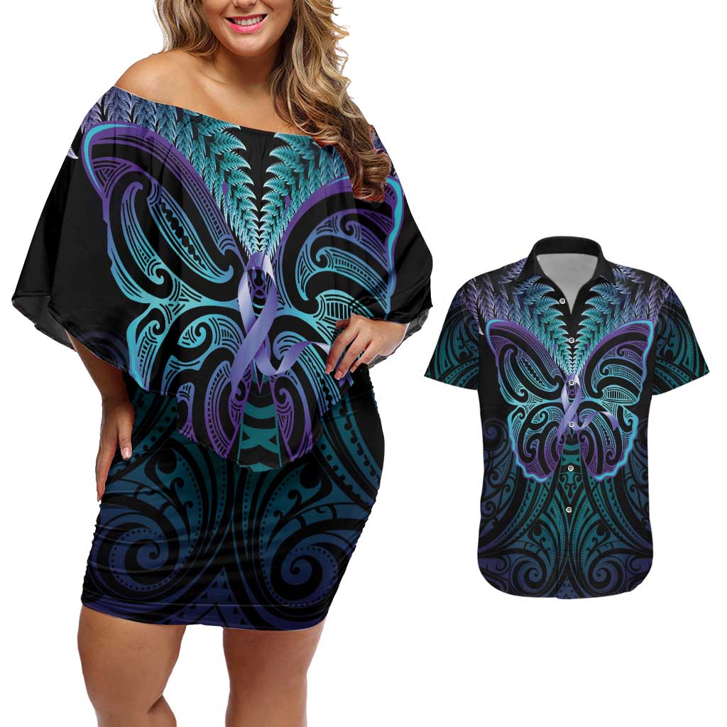 Suicide Prevention New Zealand Couples Matching Off Shoulder Short Dress and Hawaiian Shirt Aotearoa Maori Butterfly Mix Silver Fern - Polynesian Pride