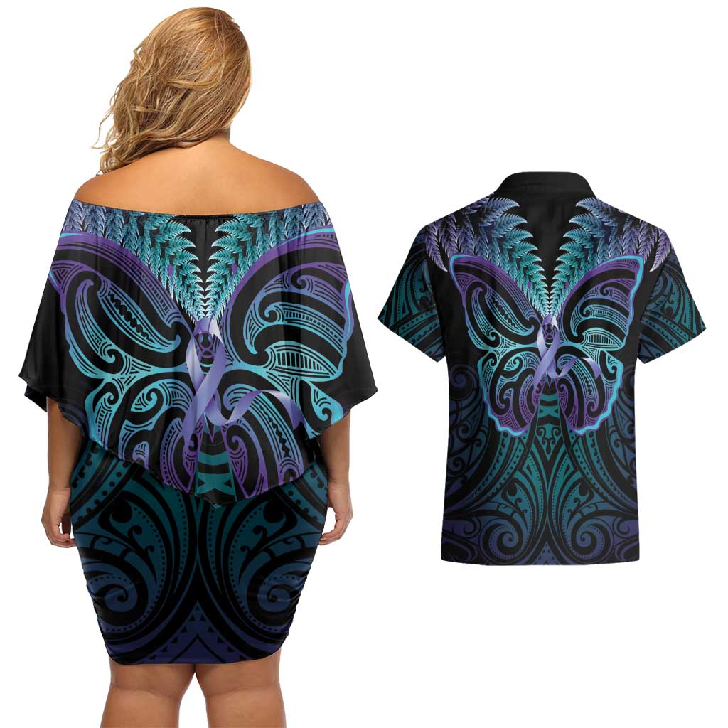 Suicide Prevention New Zealand Couples Matching Off Shoulder Short Dress and Hawaiian Shirt Aotearoa Maori Butterfly Mix Silver Fern - Polynesian Pride