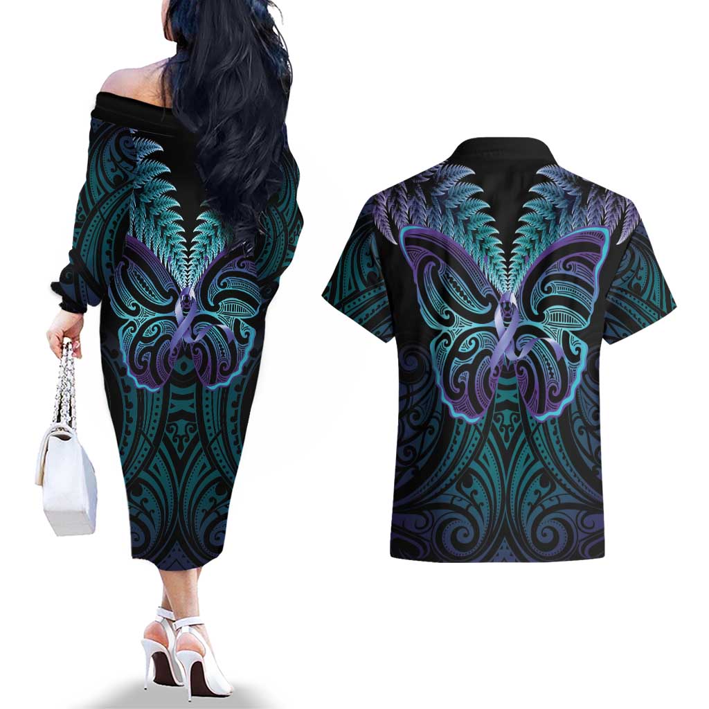 Suicide Prevention New Zealand Couples Matching Off The Shoulder Long Sleeve Dress and Hawaiian Shirt Aotearoa Maori Butterfly Mix Silver Fern - Polynesian Pride