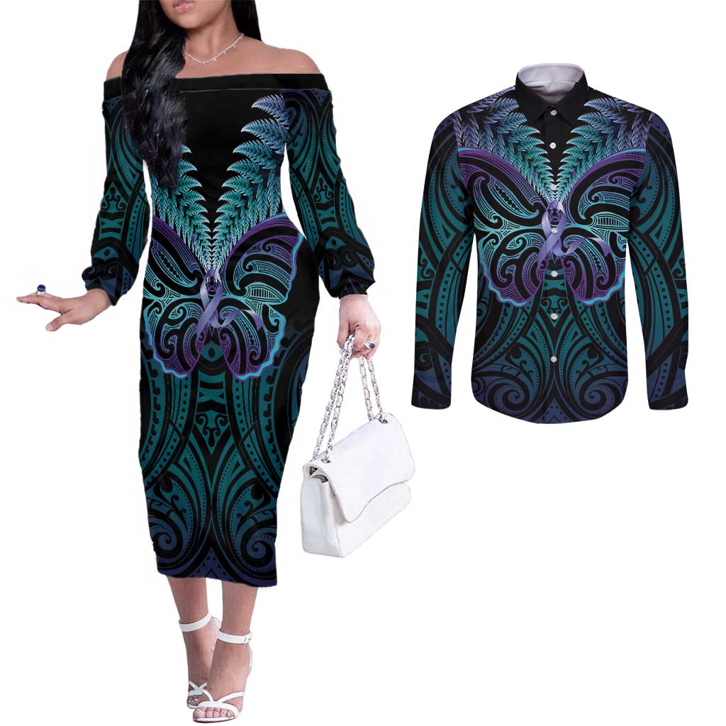Suicide Prevention New Zealand Couples Matching Off The Shoulder Long Sleeve Dress and Long Sleeve Button Shirt Aotearoa Maori Butterfly Mix Silver Fern LT14 Black - Polynesian Pride