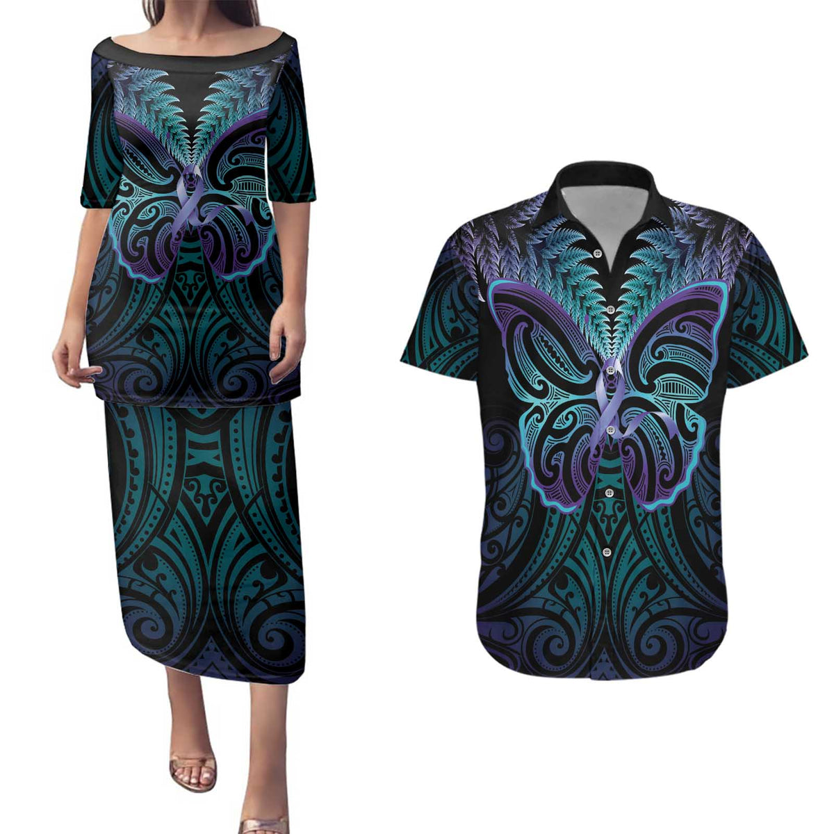 Suicide Prevention New Zealand Couples Matching Puletasi and Hawaiian Shirt Aotearoa Maori Butterfly Mix Silver Fern - Polynesian Pride