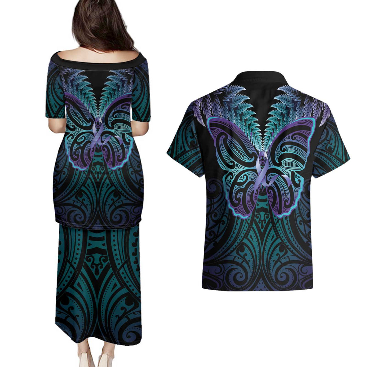 Suicide Prevention New Zealand Couples Matching Puletasi and Hawaiian Shirt Aotearoa Maori Butterfly Mix Silver Fern - Polynesian Pride