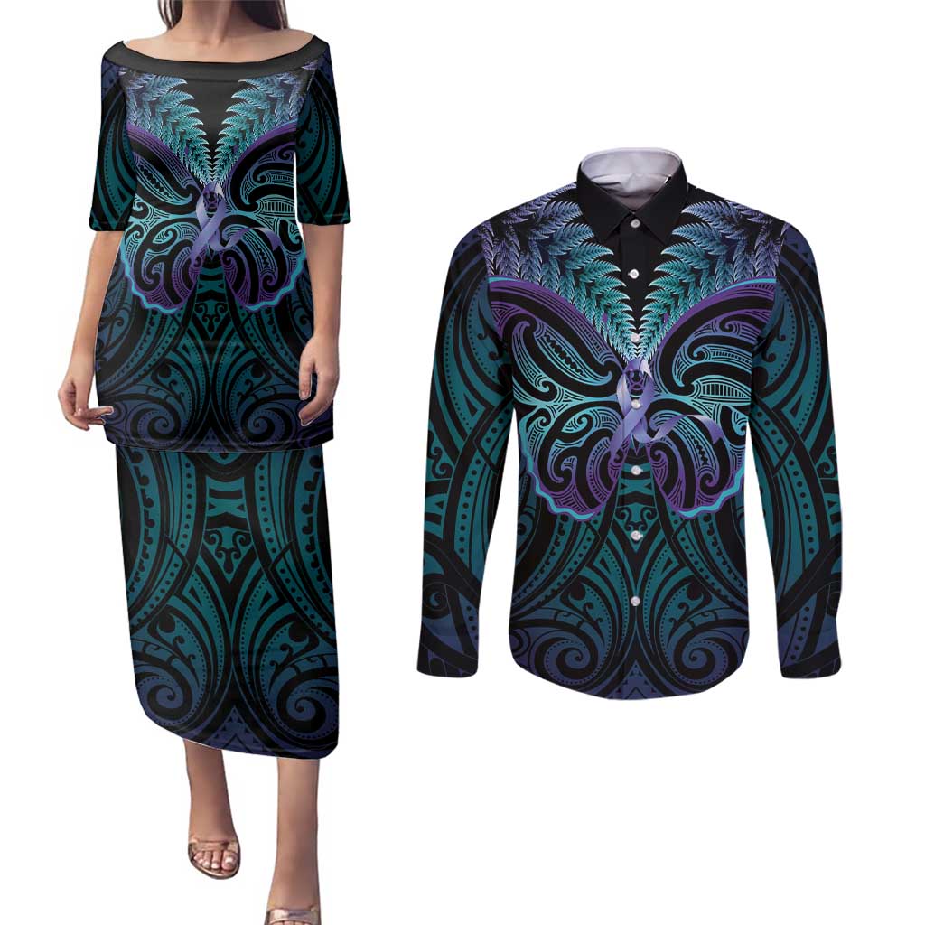 Suicide Prevention New Zealand Couples Matching Puletasi and Long Sleeve Button Shirt Aotearoa Maori Butterfly Mix Silver Fern LT14 Black - Polynesian Pride