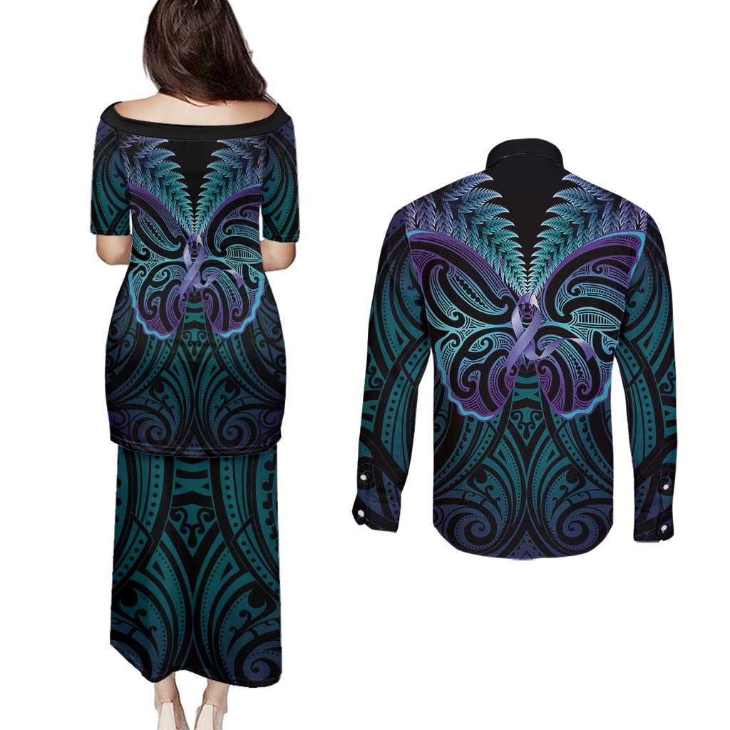Suicide Prevention New Zealand Couples Matching Puletasi and Long Sleeve Button Shirt Aotearoa Maori Butterfly Mix Silver Fern LT14 - Polynesian Pride