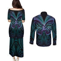 Suicide Prevention New Zealand Couples Matching Puletasi and Long Sleeve Button Shirt Aotearoa Maori Butterfly Mix Silver Fern LT14 - Polynesian Pride