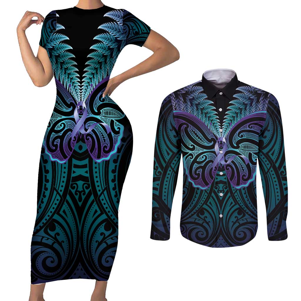 Suicide Prevention New Zealand Couples Matching Short Sleeve Bodycon Dress and Long Sleeve Button Shirt Aotearoa Maori Butterfly Mix Silver Fern LT14 Black - Polynesian Pride