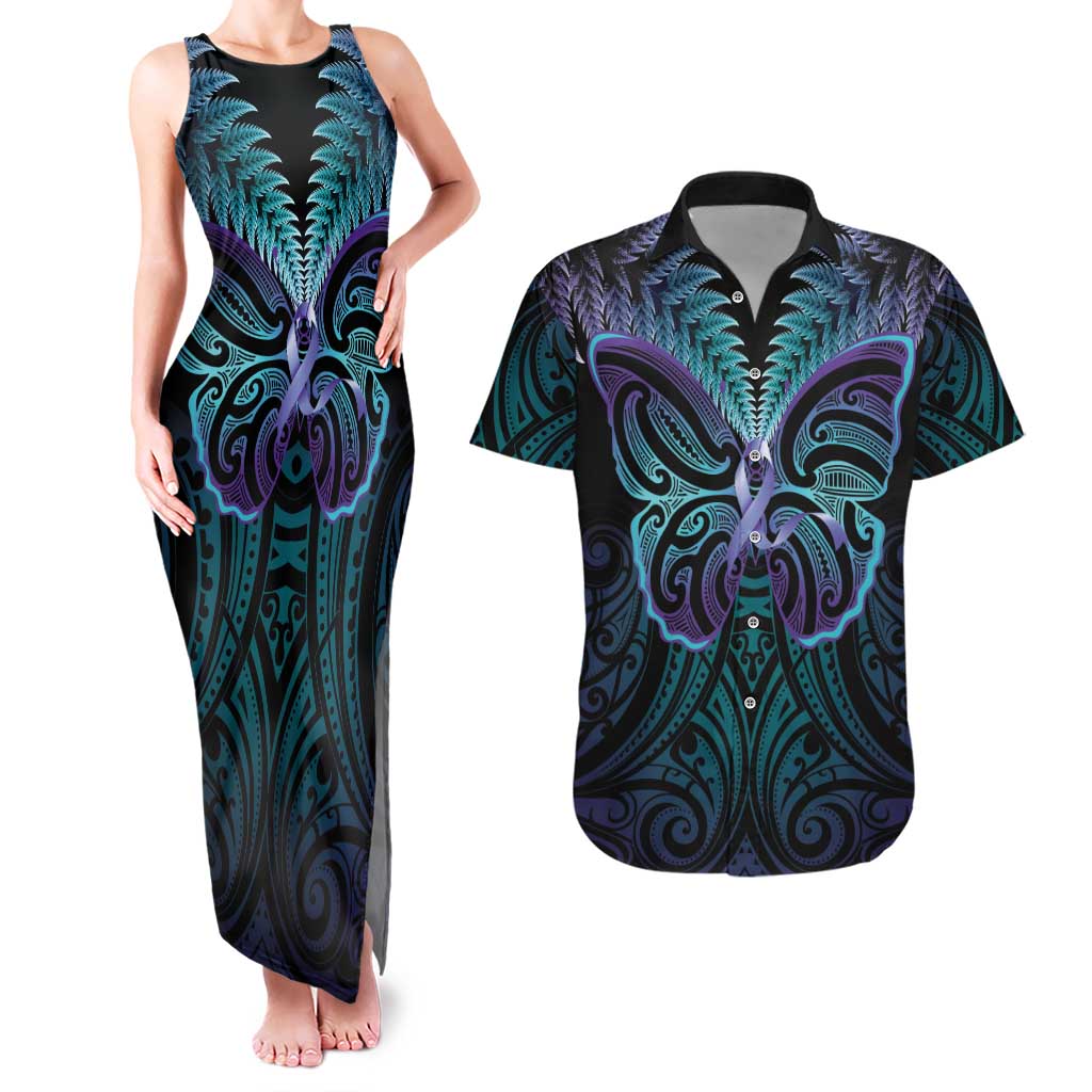 Suicide Prevention New Zealand Couples Matching Tank Maxi Dress and Hawaiian Shirt Aotearoa Maori Butterfly Mix Silver Fern - Polynesian Pride