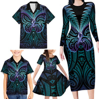 Suicide Prevention New Zealand Family Matching Long Sleeve Bodycon Dress and Hawaiian Shirt Aotearoa Maori Butterfly Mix Silver Fern - Polynesian Pride