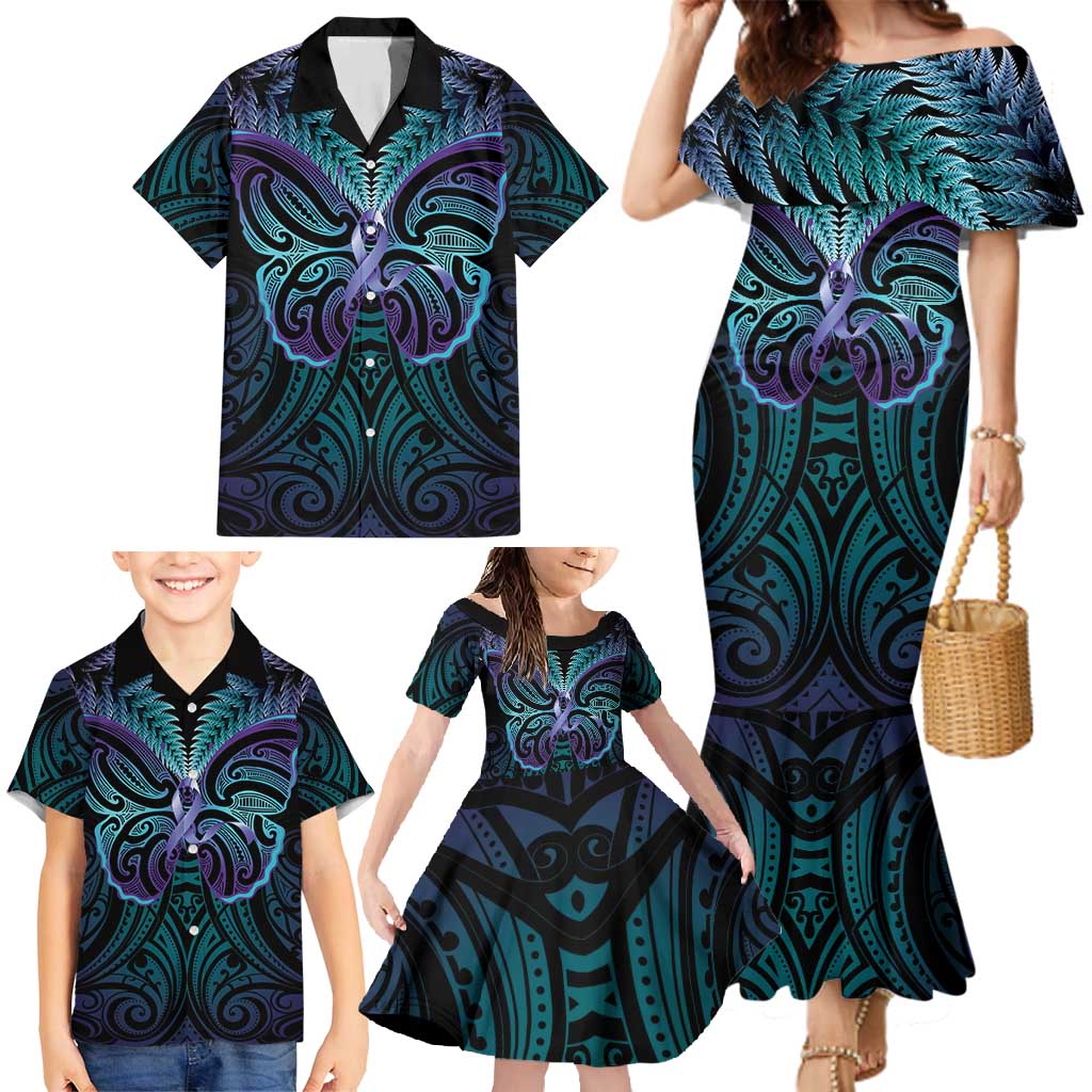 Suicide Prevention New Zealand Family Matching Mermaid Dress and Hawaiian Shirt Aotearoa Maori Butterfly Mix Silver Fern - Polynesian Pride
