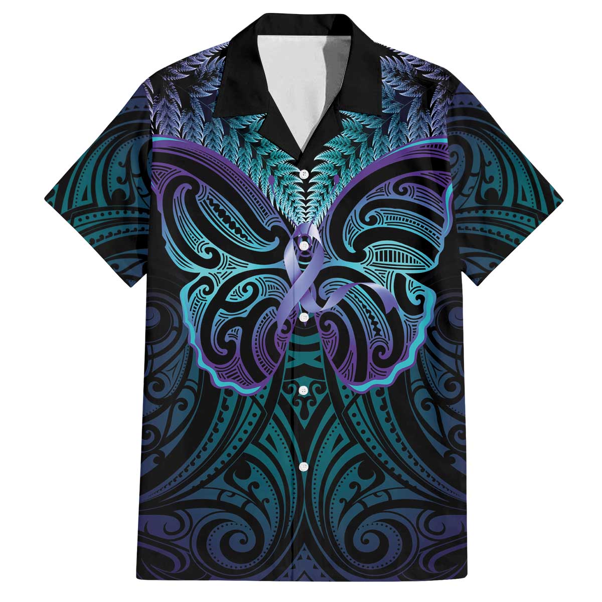 Suicide Prevention New Zealand Family Matching Off The Shoulder Long Sleeve Dress and Hawaiian Shirt Aotearoa Maori Butterfly Mix Silver Fern - Polynesian Pride