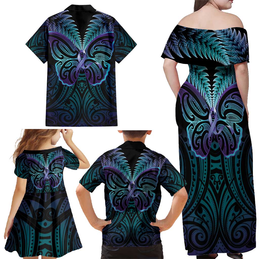 Suicide Prevention New Zealand Family Matching Off Shoulder Maxi Dress and Hawaiian Shirt Aotearoa Maori Butterfly Mix Silver Fern - Polynesian Pride