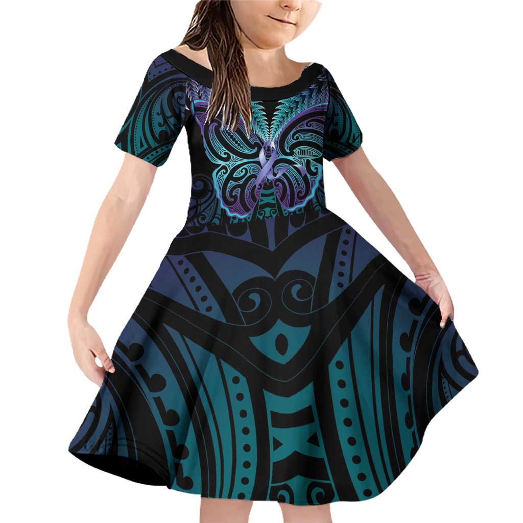 Suicide Prevention New Zealand Family Matching Off Shoulder Short Dress and Hawaiian Shirt Aotearoa Maori Butterfly Mix Silver Fern - Polynesian Pride