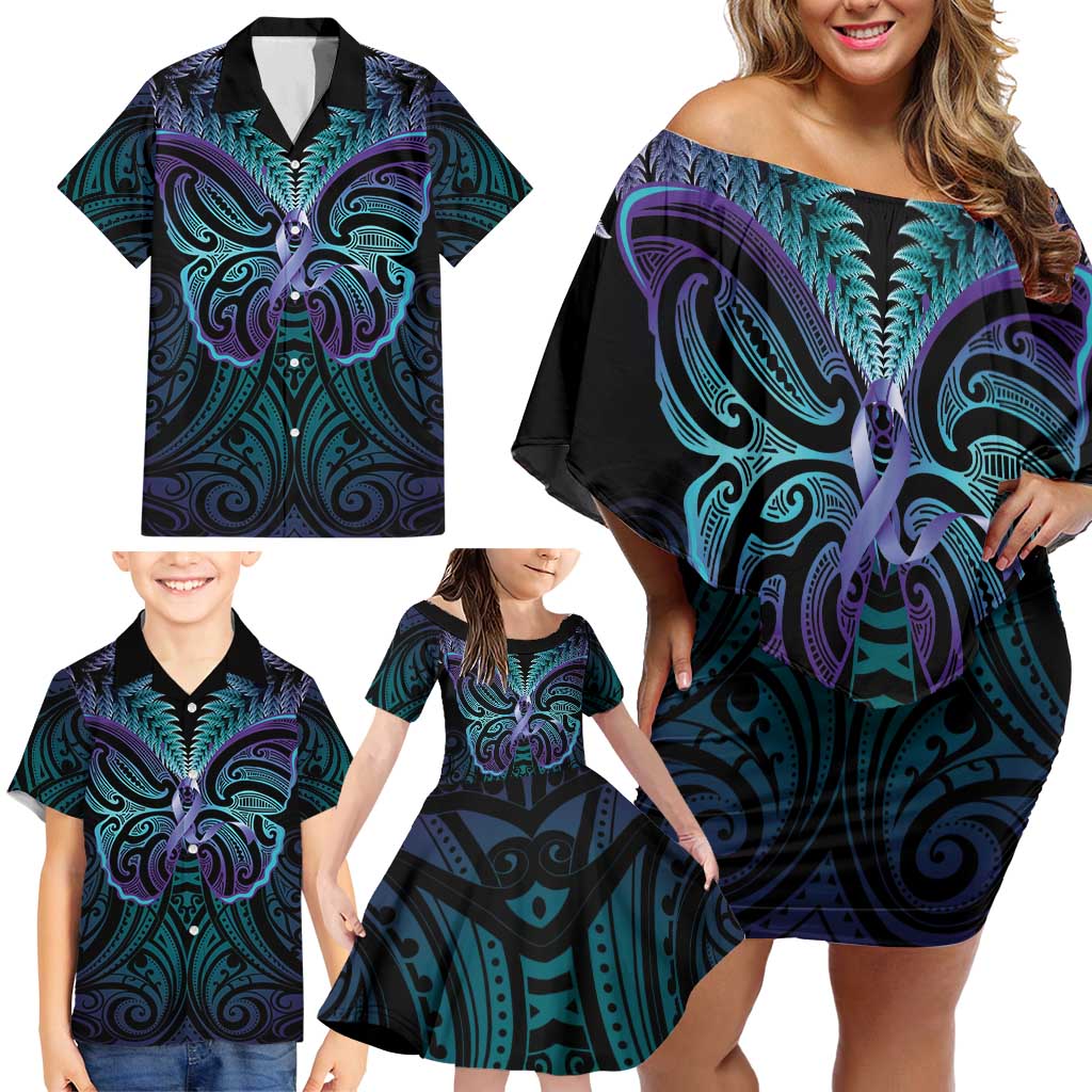 Suicide Prevention New Zealand Family Matching Off Shoulder Short Dress and Hawaiian Shirt Aotearoa Maori Butterfly Mix Silver Fern - Polynesian Pride