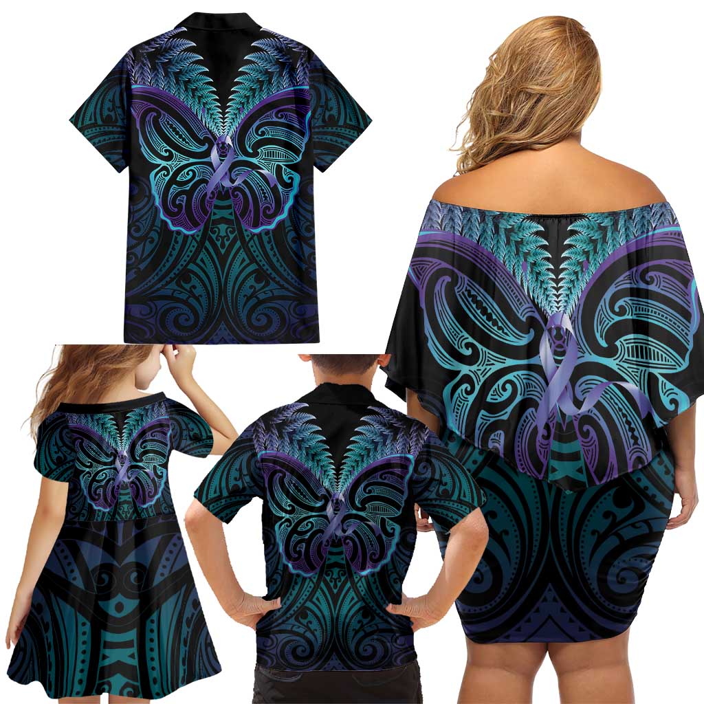 Suicide Prevention New Zealand Family Matching Off Shoulder Short Dress and Hawaiian Shirt Aotearoa Maori Butterfly Mix Silver Fern - Polynesian Pride