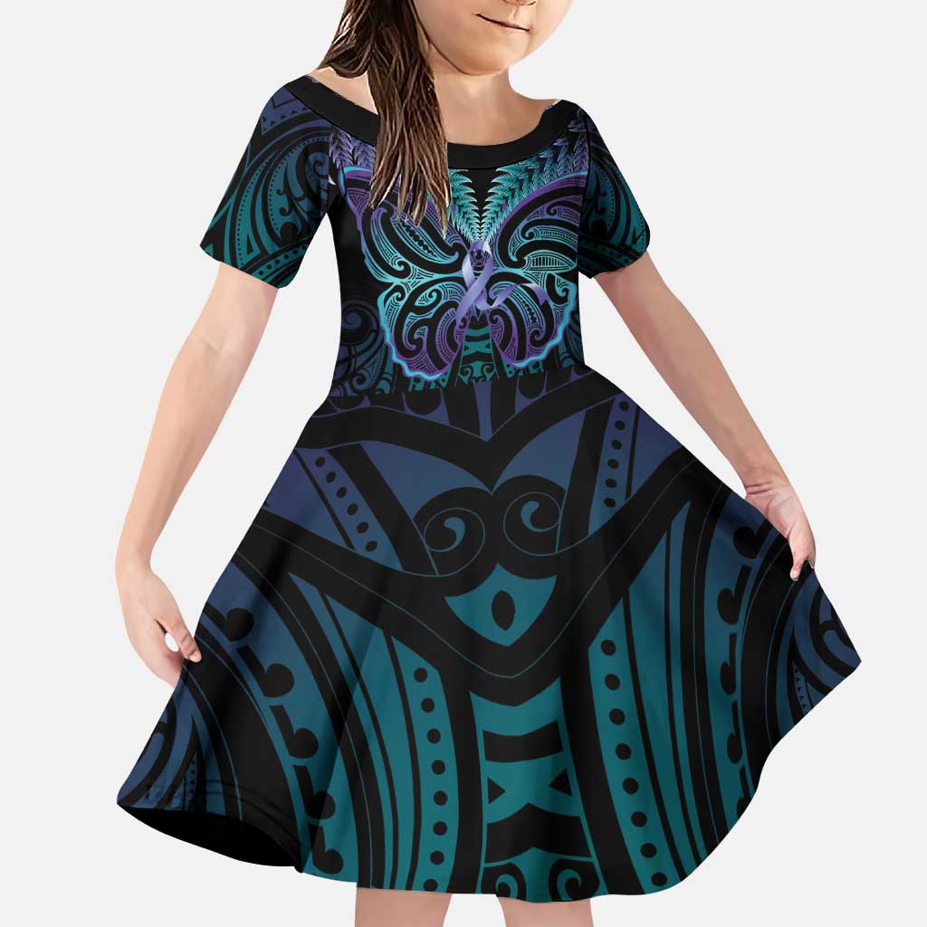 Suicide Prevention New Zealand Family Matching Puletasi and Hawaiian Shirt Aotearoa Maori Butterfly Mix Silver Fern LT14 Daughter's Dress Black - Polynesian Pride