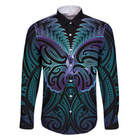 Suicide Prevention New Zealand Family Matching Puletasi and Hawaiian Shirt Aotearoa Maori Butterfly Mix Silver Fern LT14 Dad's Shirt - Long Sleeve Black - Polynesian Pride