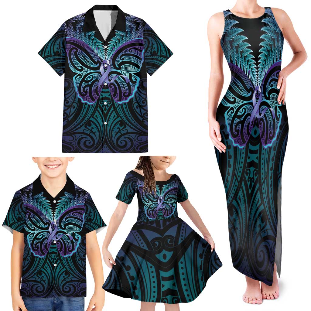 Suicide Prevention New Zealand Family Matching Tank Maxi Dress and Hawaiian Shirt Aotearoa Maori Butterfly Mix Silver Fern - Polynesian Pride