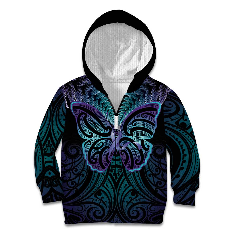 Suicide Prevention New Zealand Kid Hoodie Aotearoa Maori Butterfly Mix Silver Fern - Polynesian Pride