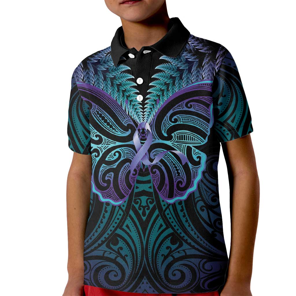 Suicide Prevention New Zealand Kid Polo Shirt Aotearoa Maori Butterfly Mix Silver Fern - Polynesian Pride