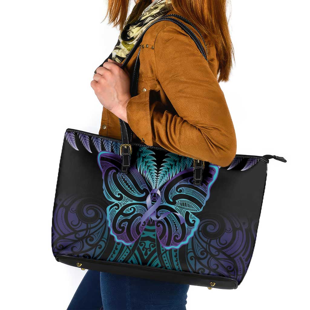 Suicide Prevention New Zealand Leather Tote Bag Aotearoa Maori Butterfly Mix Silver Fern - Polynesian Pride