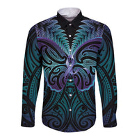Suicide Prevention New Zealand Long Sleeve Button Shirt Aotearoa Maori Butterfly Mix Silver Fern - Polynesian Pride