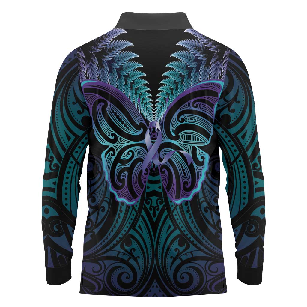 Suicide Prevention New Zealand Long Sleeve Polo Shirt Aotearoa Maori Butterfly Mix Silver Fern - Polynesian Pride
