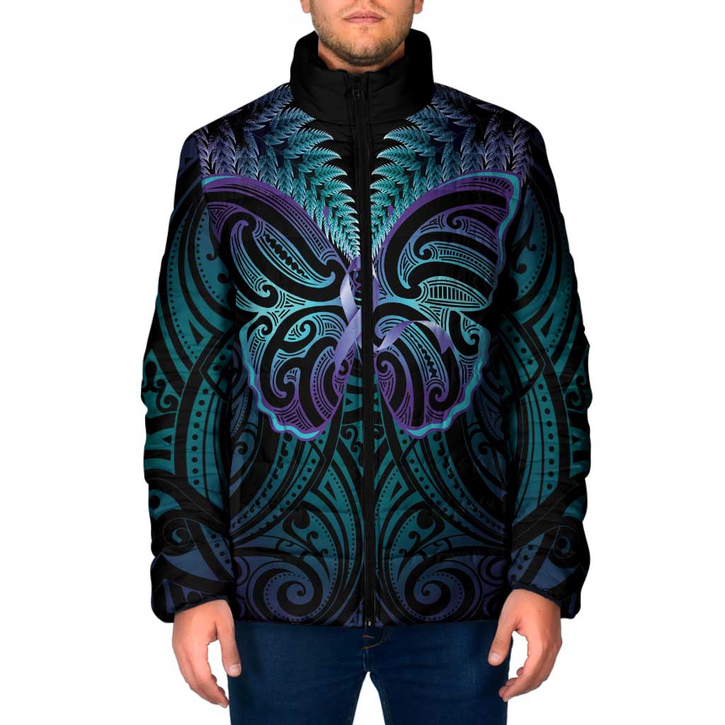 Suicide Prevention New Zealand Padded Jacket Aotearoa Maori Butterfly Mix Silver Fern - Polynesian Pride