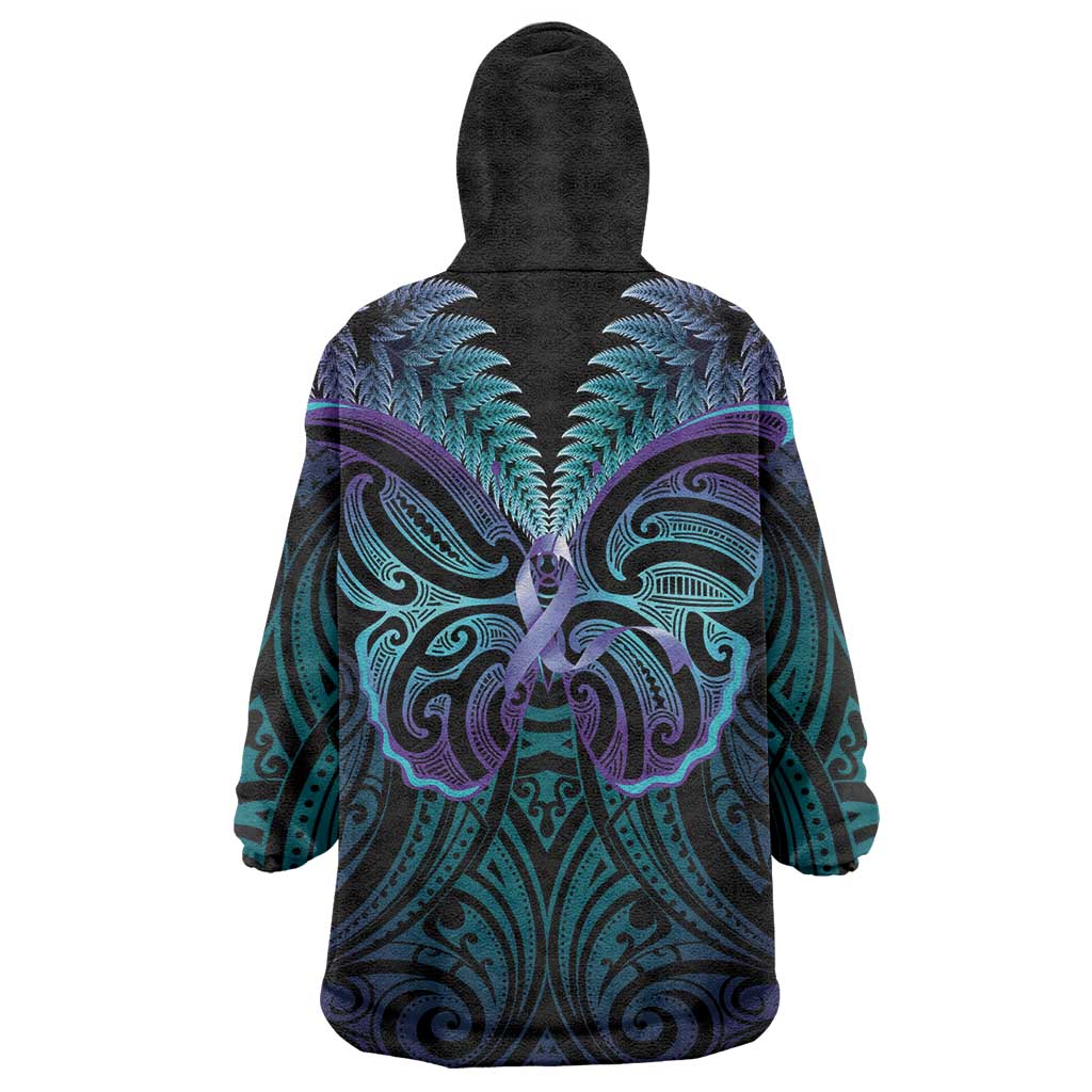 Suicide Prevention New Zealand Wearable Blanket Hoodie Aotearoa Maori Butterfly Mix Silver Fern - Polynesian Pride