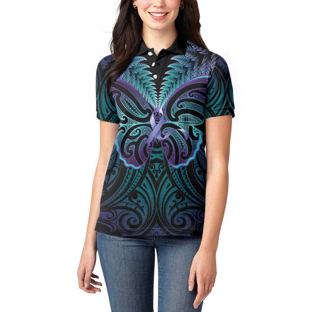 Suicide Prevention New Zealand Women Polo Shirt Aotearoa Maori Butterfly Mix Silver Fern - Polynesian Pride