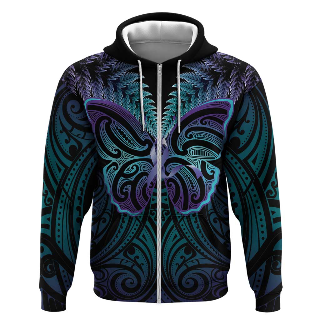 Suicide Prevention New Zealand Zip Hoodie Aotearoa Maori Butterfly Mix Silver Fern - Polynesian Pride