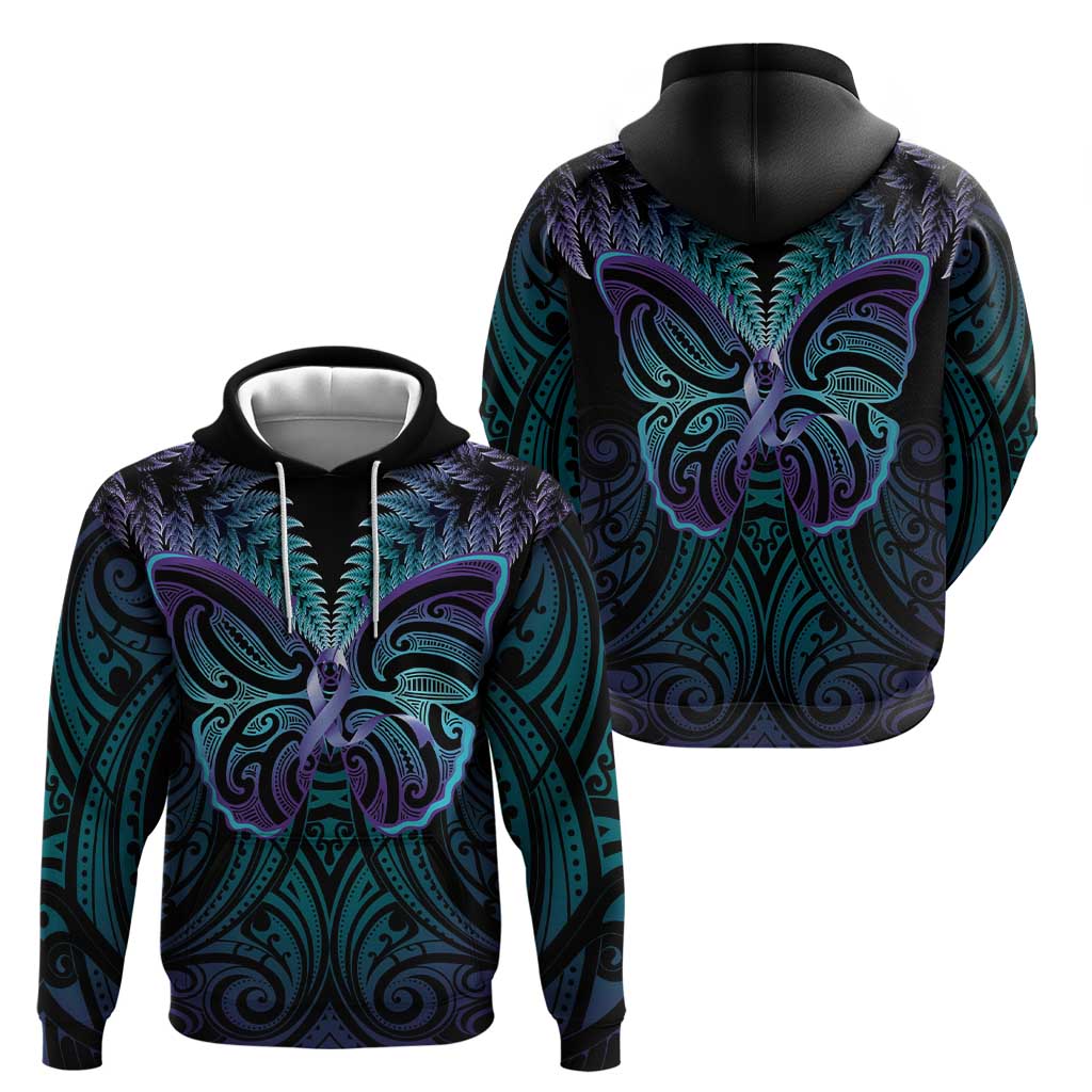 Suicide Prevention New Zealand Zip Hoodie Aotearoa Maori Butterfly Mix Silver Fern - Polynesian Pride