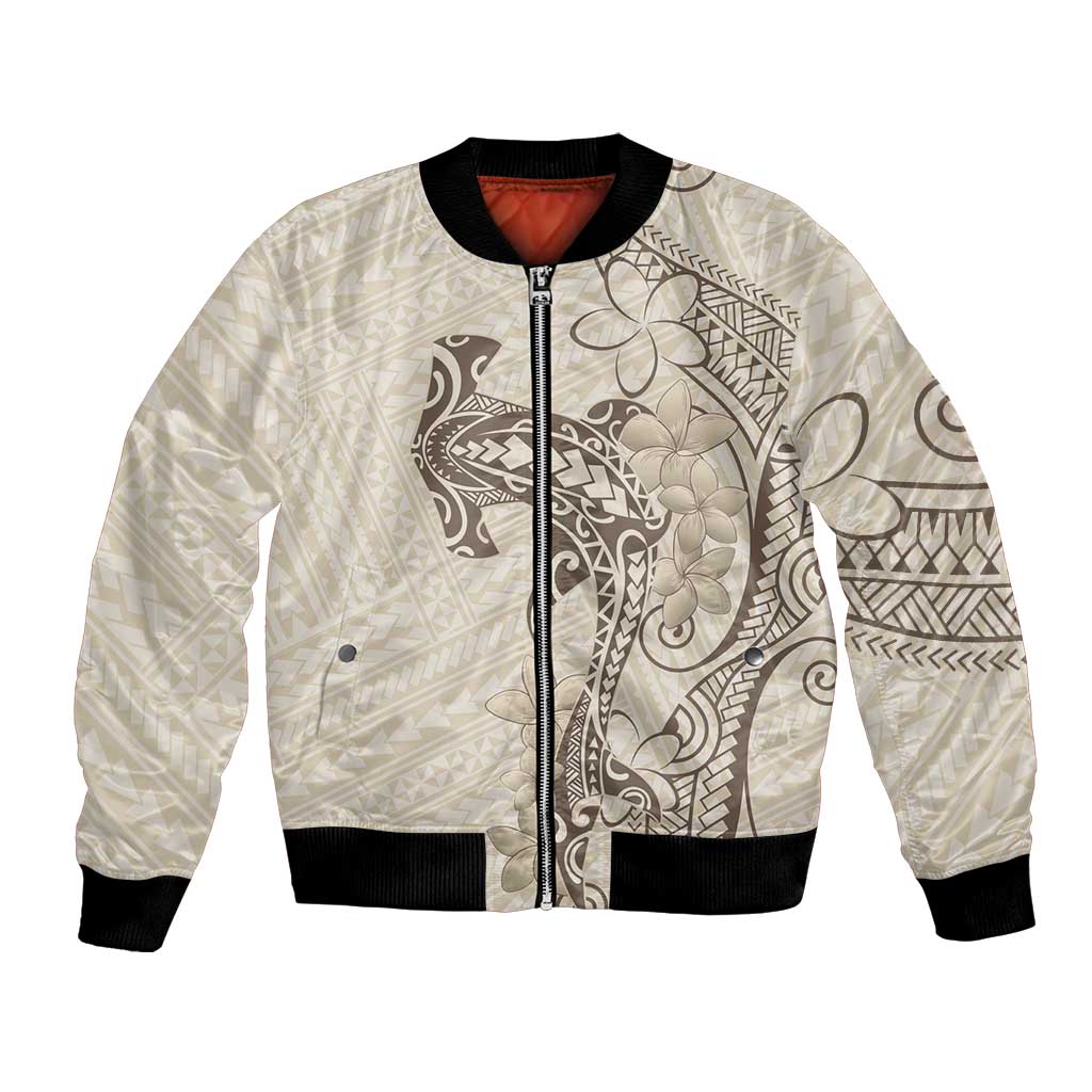Beige Hawaii Bomber Jacket Hammerhead Shark Tattoo Curve Polynesian LT14 Unisex Beige - Polynesian Pride