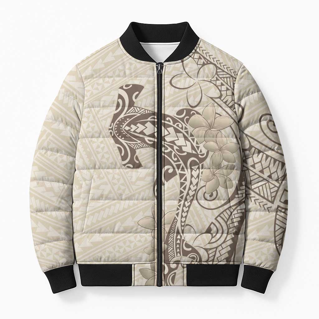 Beige Hawaii Bomber Puffer Jacket Hammerhead Shark Tattoo Curve Polynesian LT14 Unisex Beige - Polynesian Pride