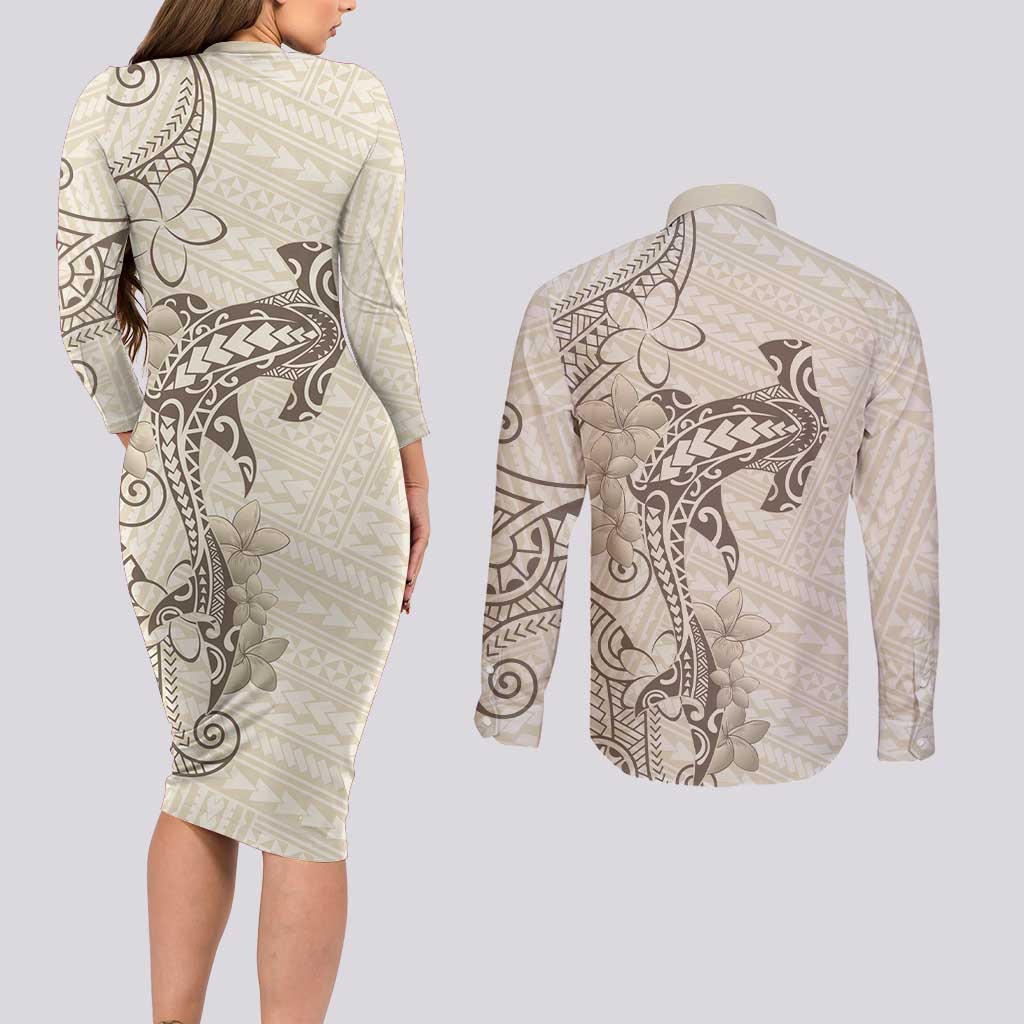 Beige Hawaii Couples Matching Long Sleeve Bodycon Dress and Long Sleeve Button Shirt Hammerhead Shark Tattoo Curve Polynesian - Polynesian Pride