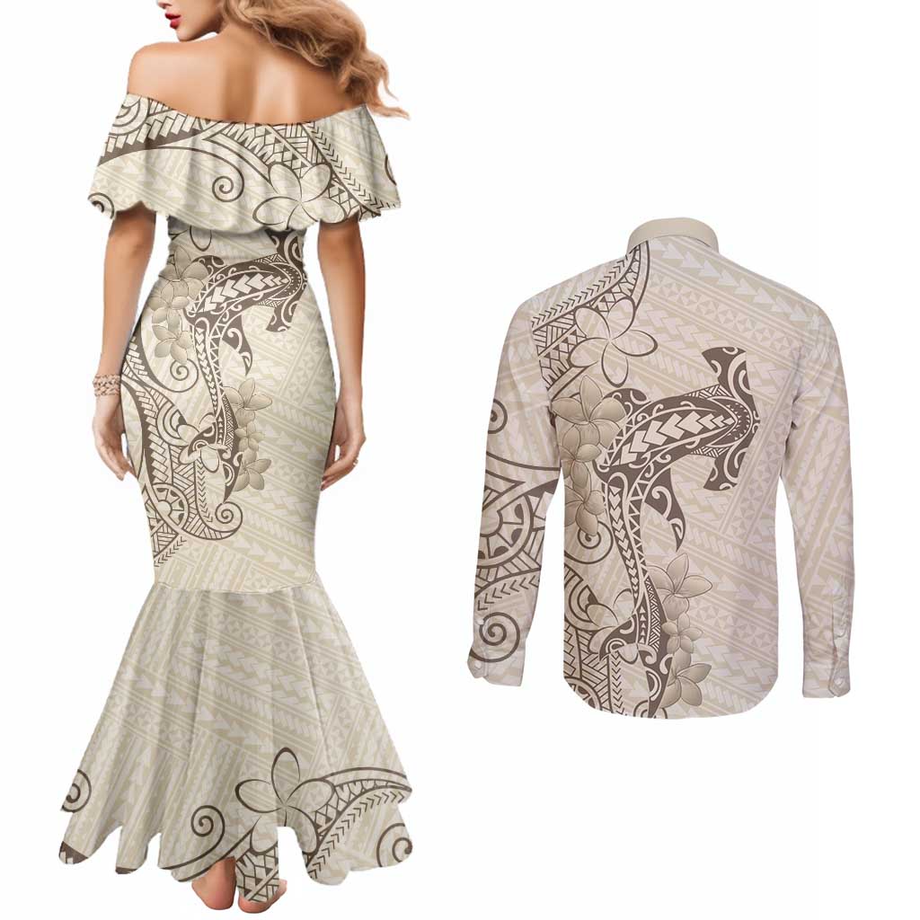 Beige Hawaii Couples Matching Mermaid Dress and Long Sleeve Button Shirt Hammerhead Shark Tattoo Curve Polynesian - Polynesian Pride