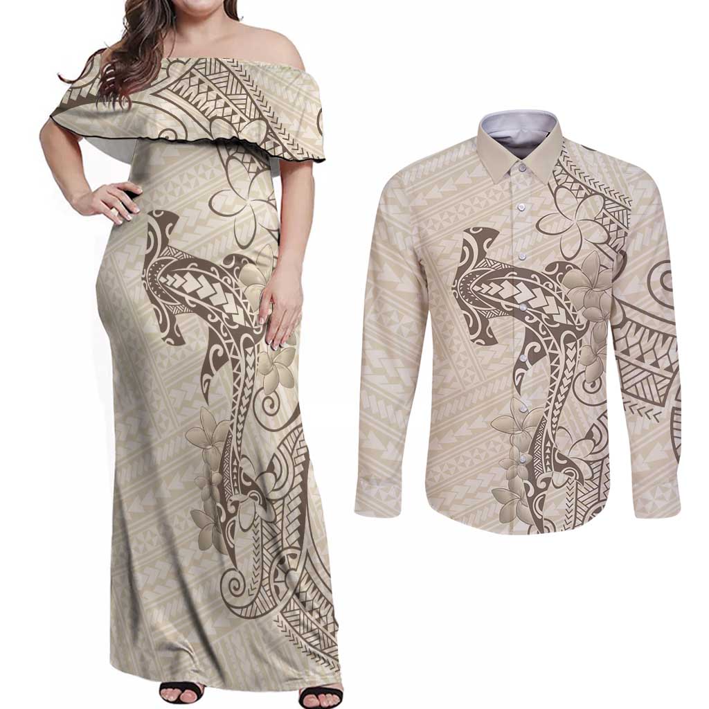 Beige Hawaii Couples Matching Off Shoulder Maxi Dress and Long Sleeve Button Shirt Hammerhead Shark Tattoo Curve Polynesian - Polynesian Pride