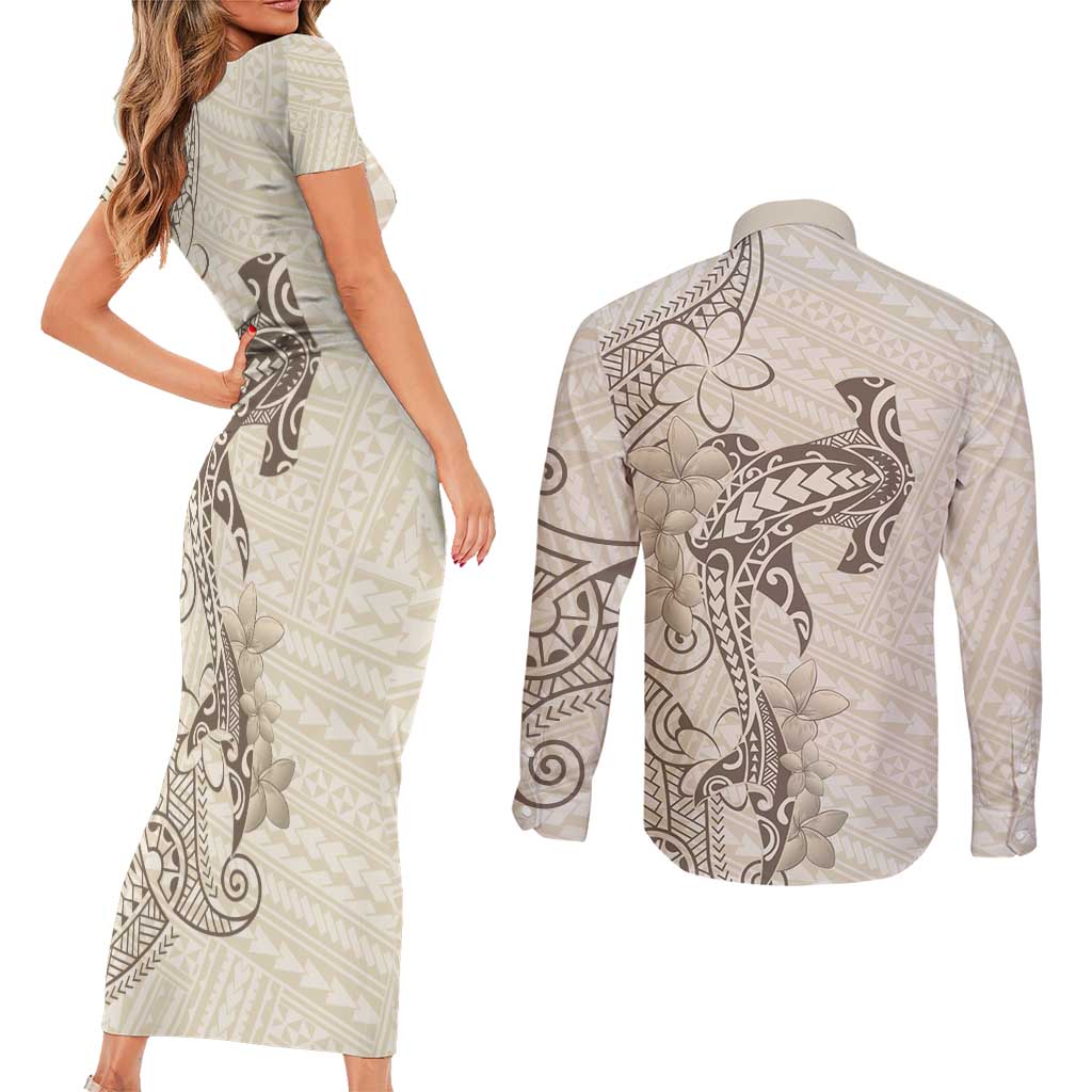 Beige Hawaii Couples Matching Short Sleeve Bodycon Dress and Long Sleeve Button Shirt Hammerhead Shark Tattoo Curve Polynesian - Polynesian Pride