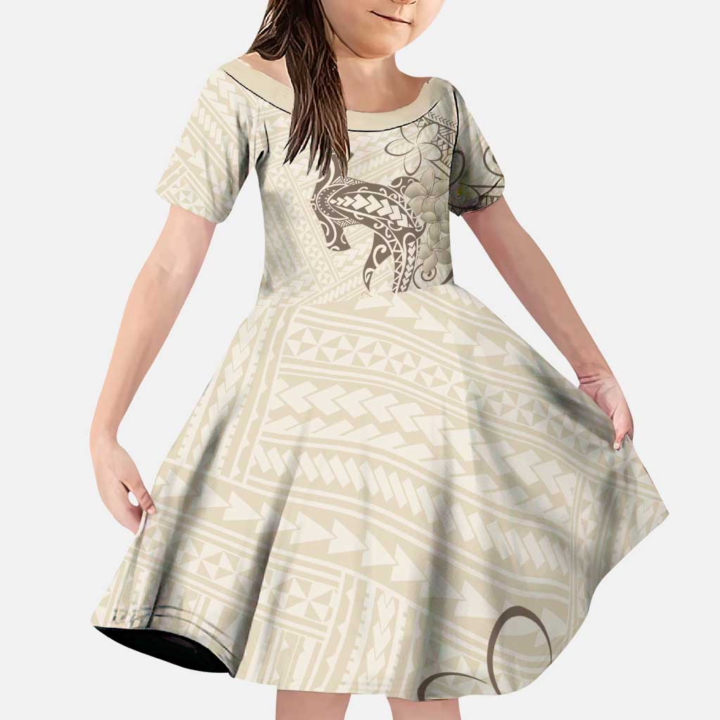 Beige Hawaii Family Matching Puletasi and Hawaiian Shirt Hammerhead Shark Tattoo Curve Polynesian LT14 Daughter's Dress Beige - Polynesian Pride