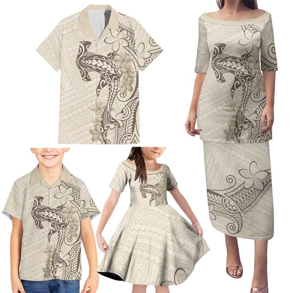 Beige Hawaii Family Matching Puletasi and Hawaiian Shirt Hammerhead Shark Tattoo Curve Polynesian LT14 - Polynesian Pride