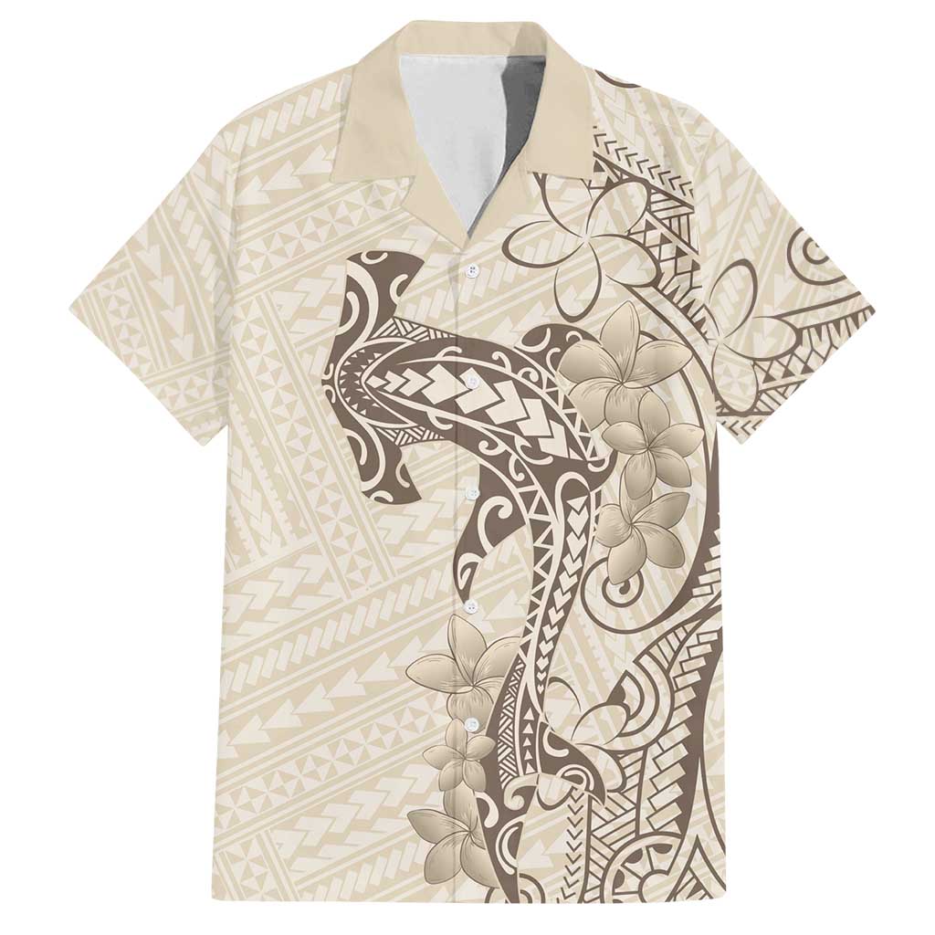 Beige Hawaii Family Matching Puletasi and Hawaiian Shirt Hammerhead Shark Tattoo Curve Polynesian LT14 Dad's Shirt - Short Sleeve Beige - Polynesian Pride