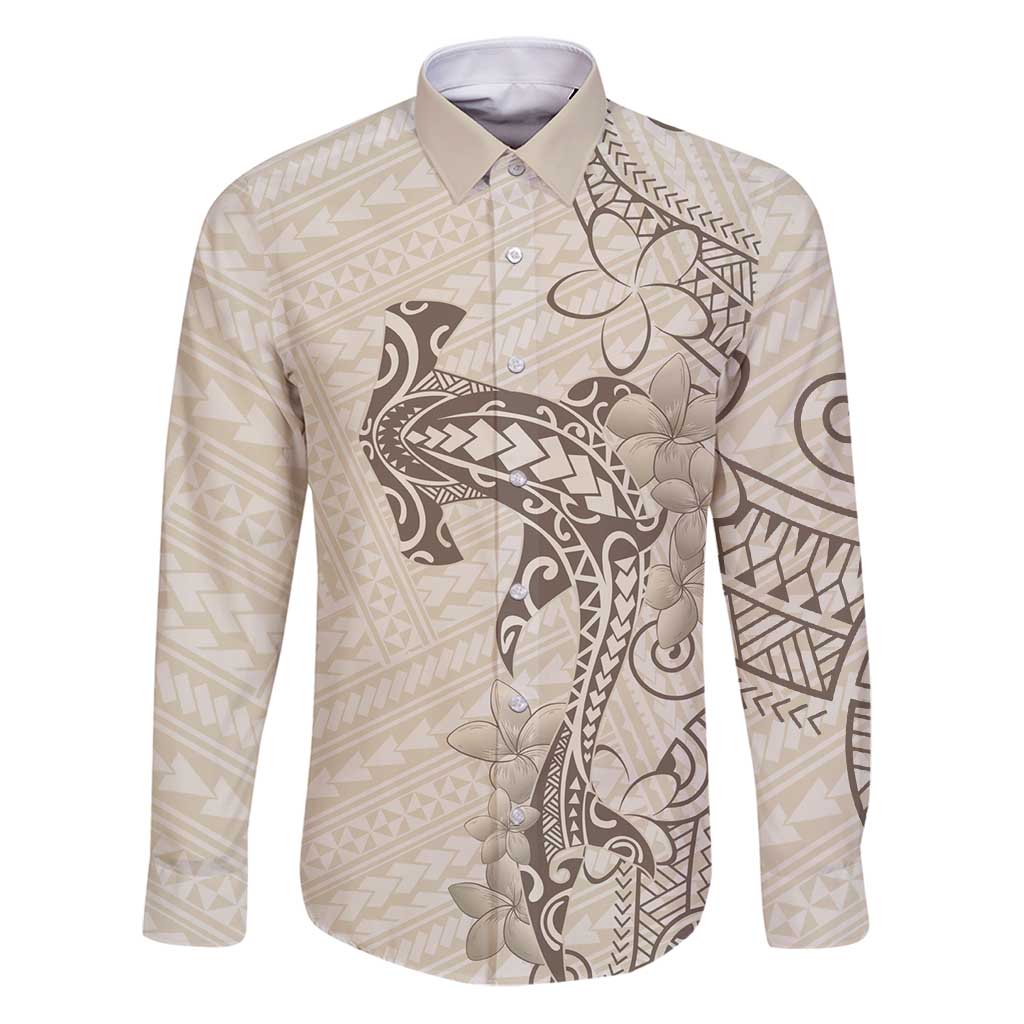 Beige Hawaii Family Matching Puletasi and Hawaiian Shirt Hammerhead Shark Tattoo Curve Polynesian LT14 Dad's Shirt - Long Sleeve Beige - Polynesian Pride