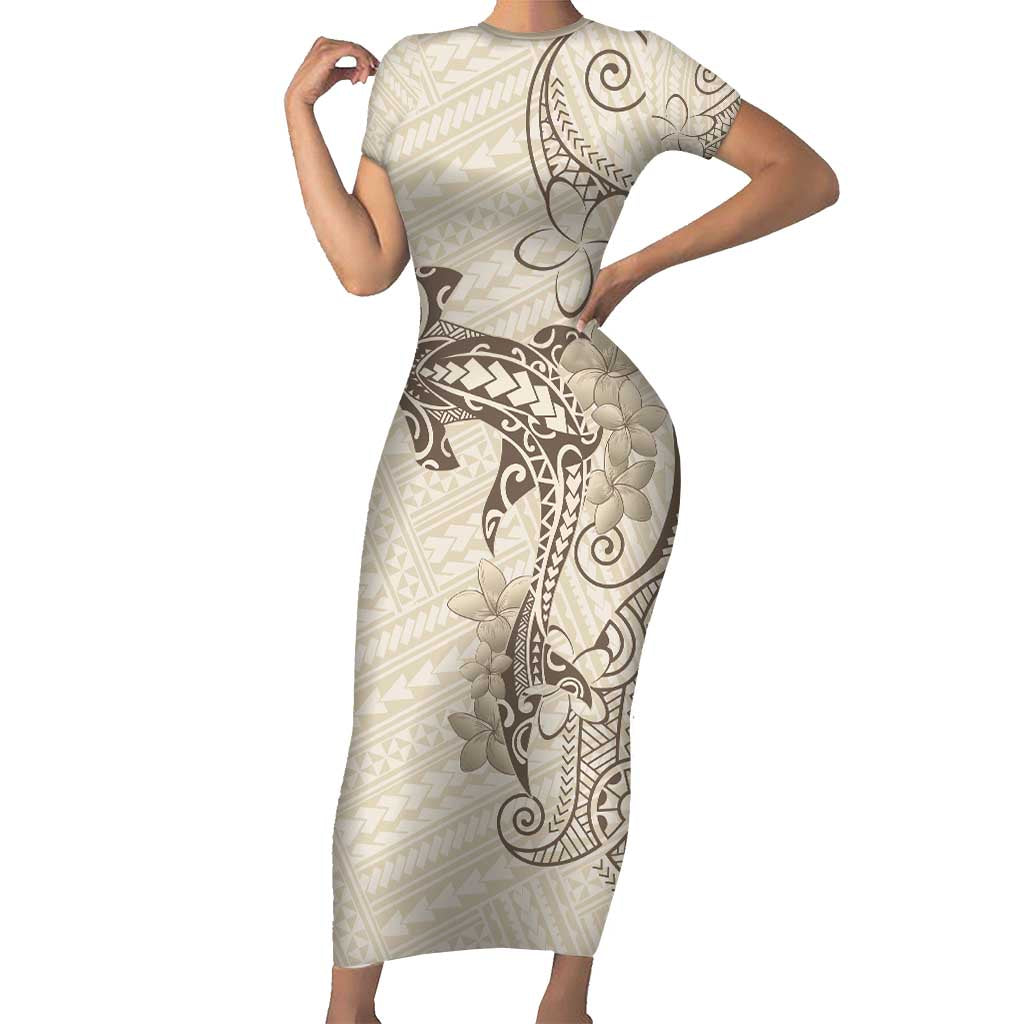 Beige Hawaii Family Matching Short Sleeve Bodycon Dress and Hawaiian Shirt Hammerhead Shark Tattoo Curve Polynesian - Polynesian Pride