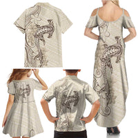 Beige Hawaii Family Matching Summer Maxi Dress and Hawaiian Shirt Hammerhead Shark Tattoo Curve Polynesian - Polynesian Pride