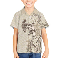 Beige Hawaii Kid Hawaiian Shirt Hammerhead Shark Tattoo Curve Polynesian - Polynesian Pride