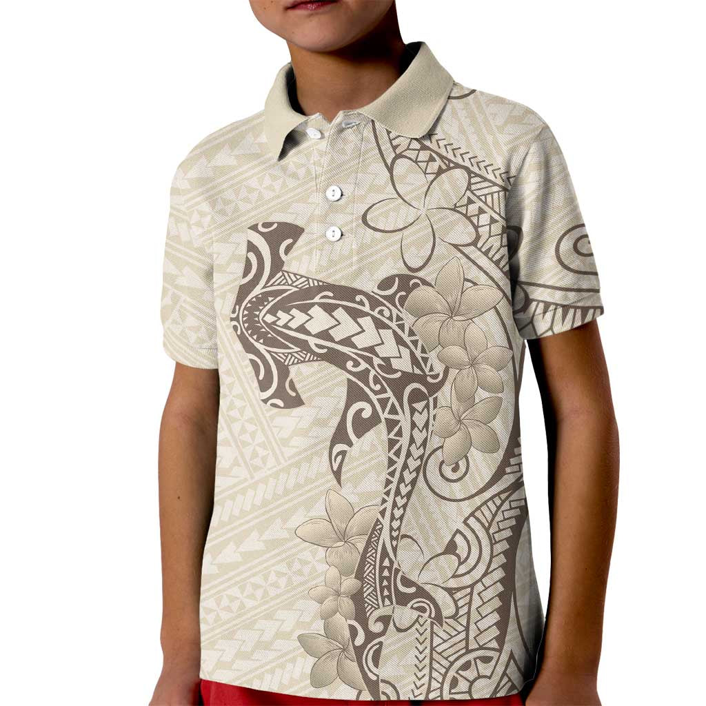 Beige Hawaii Kid Polo Shirt Hammerhead Shark Tattoo Curve Polynesian - Polynesian Pride
