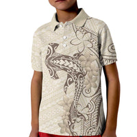 Beige Hawaii Kid Polo Shirt Hammerhead Shark Tattoo Curve Polynesian - Polynesian Pride