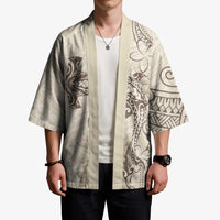 Beige Hawaii Kimono Hammerhead Shark Tattoo Curve Polynesian LT14 - Polynesian Pride