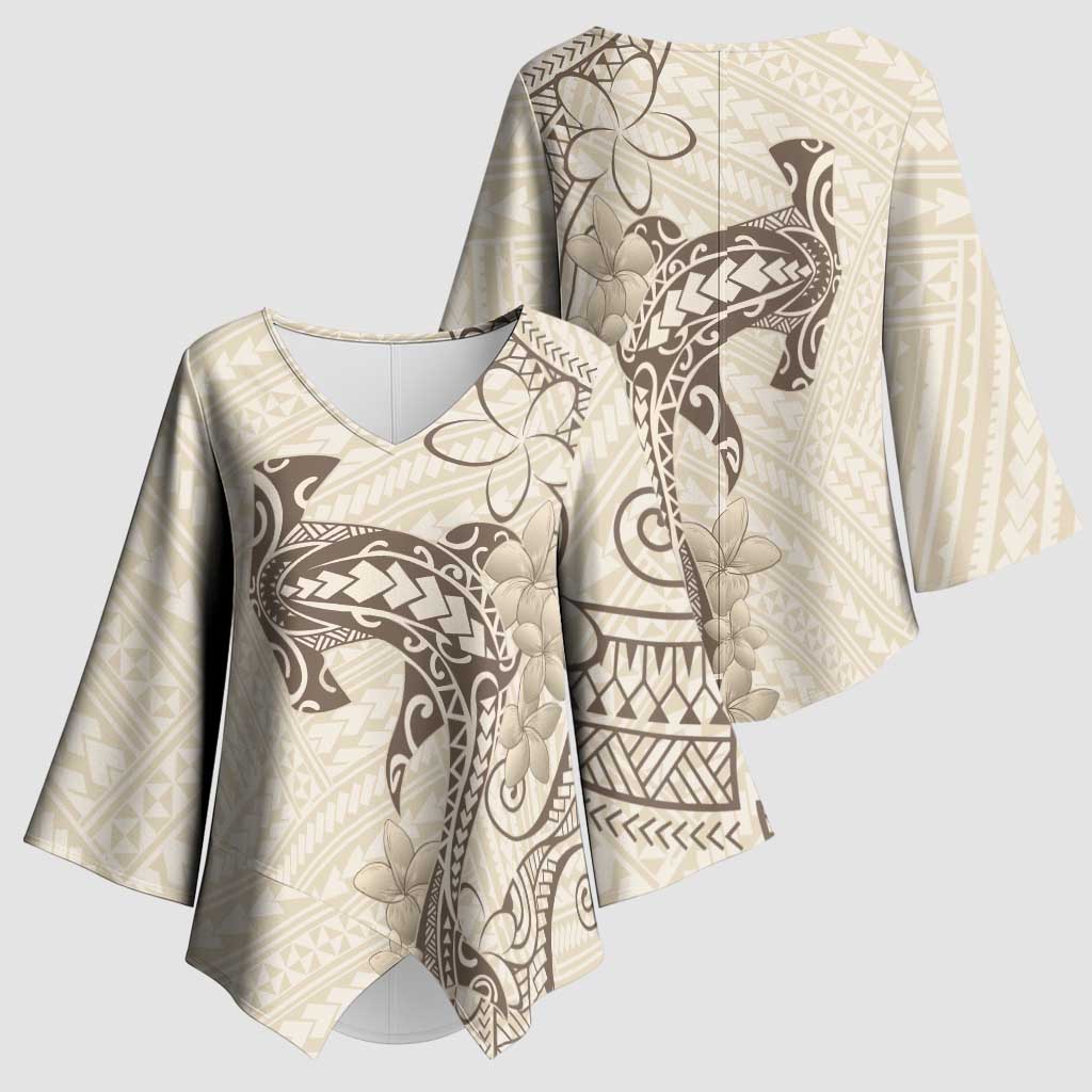 Beige Hawaii Kimono Sleeve Blouse Hammerhead Shark Tattoo Curve Polynesian - Polynesian Pride