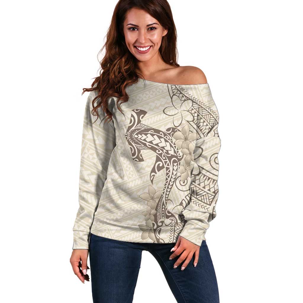 Beige Hawaii Off Shoulder Sweater Hammerhead Shark Tattoo Curve Polynesian - Polynesian Pride