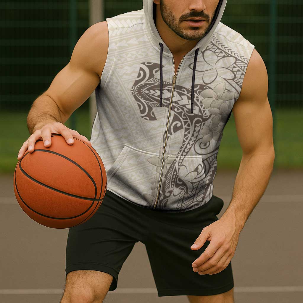 Beige Hawaii Sleeveless Zip Hoodie Hammerhead Shark Tattoo Curve Polynesian - Polynesian Pride